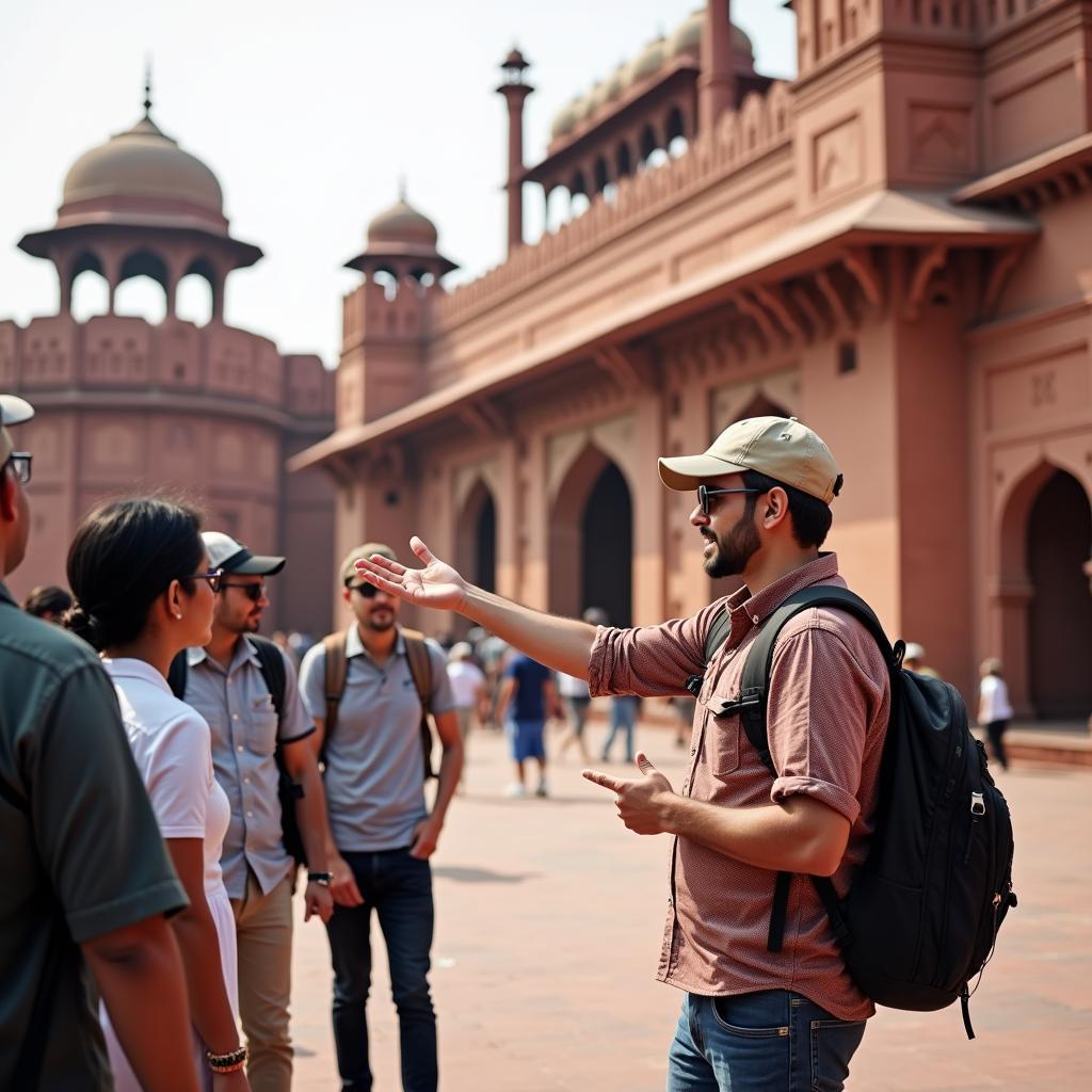 Agra Fort Local Tour Guide: A guide explains the history of Agra Fort to a group of tourists.