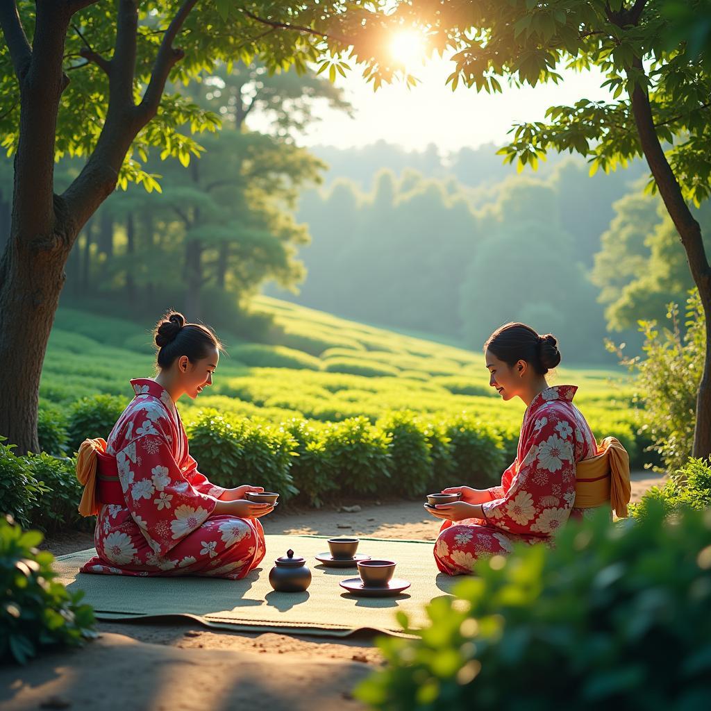 Japanese Tea Ceremony Amidst Lush Green Tea Fields