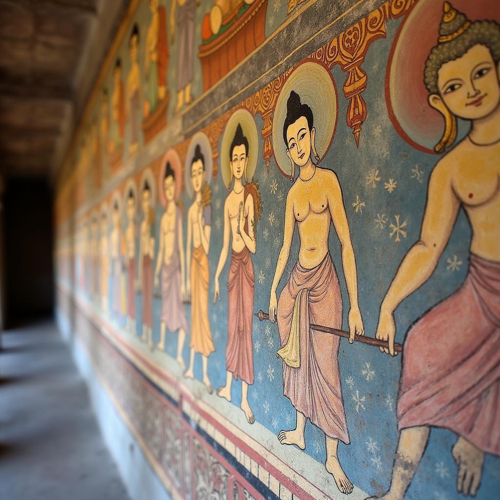 Detailed view of the vibrant frescoes inside an Ajanta cave, depicting scenes from the Buddha's life.