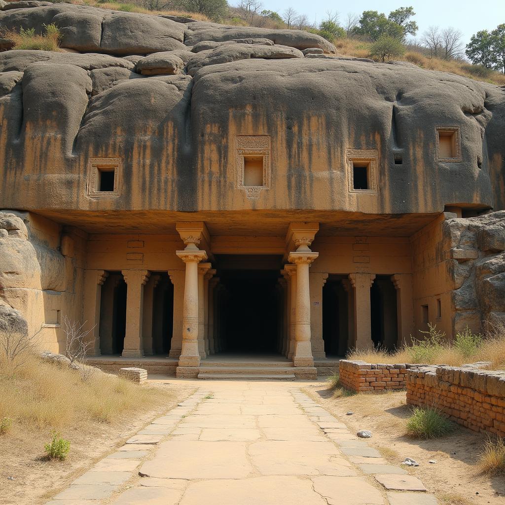 A panoramic view of the Ajanta Ellora caves, showcasing the intricate rock-cut architecture and the surrounding landscape.