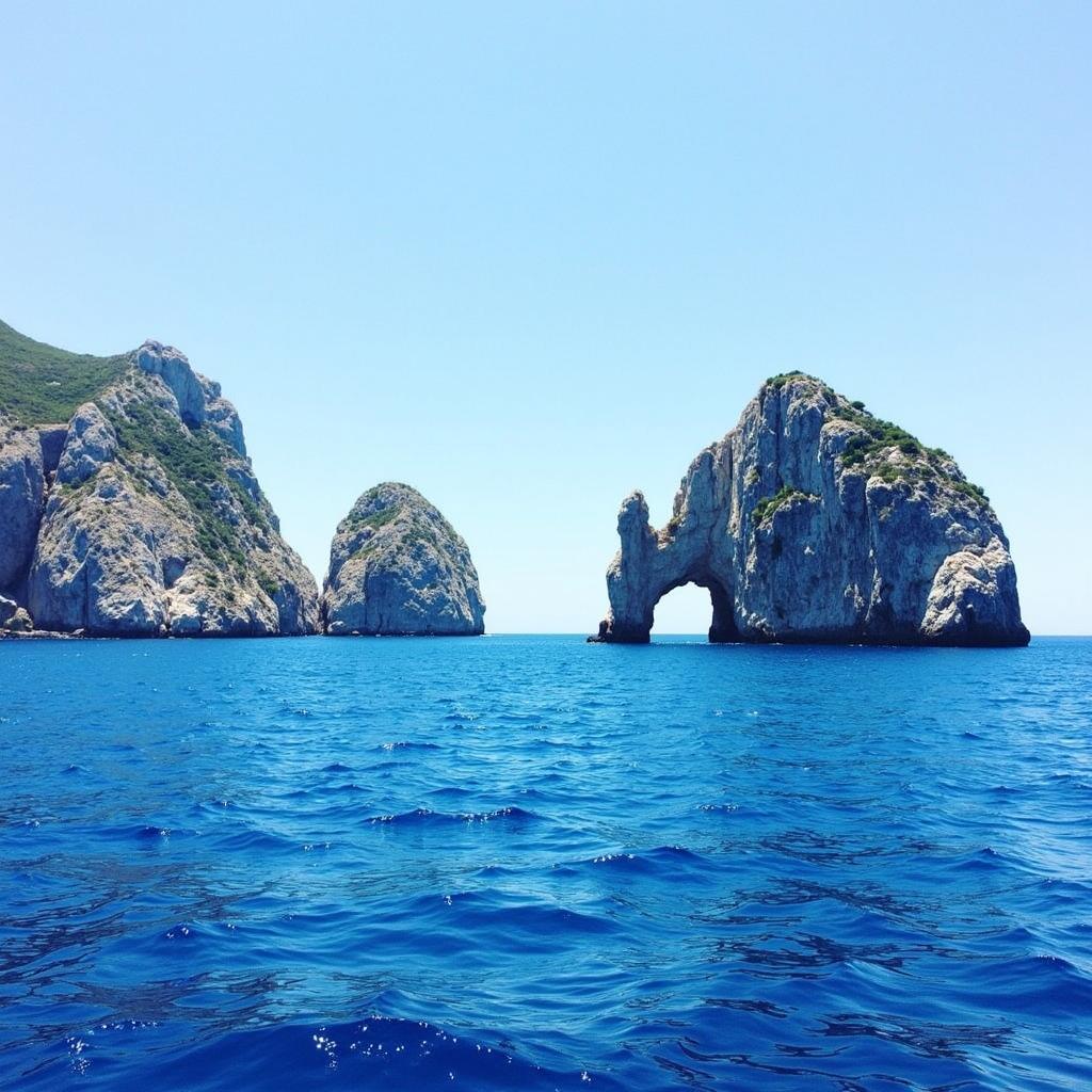 View of Capri Island from a boat with the famous Faraglioni rock formations in the background