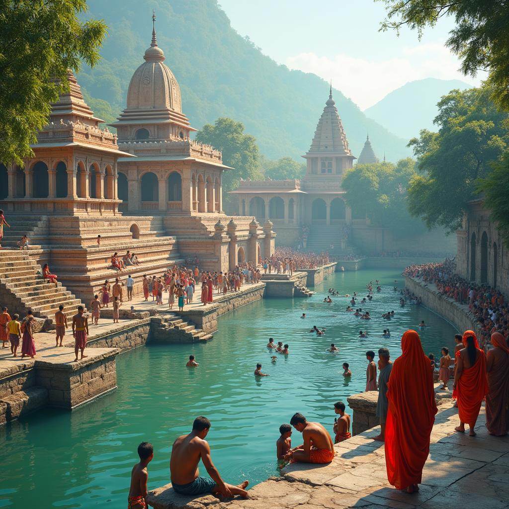 Pilgrims bathing in the holy Narmada Kund at Amarkantak