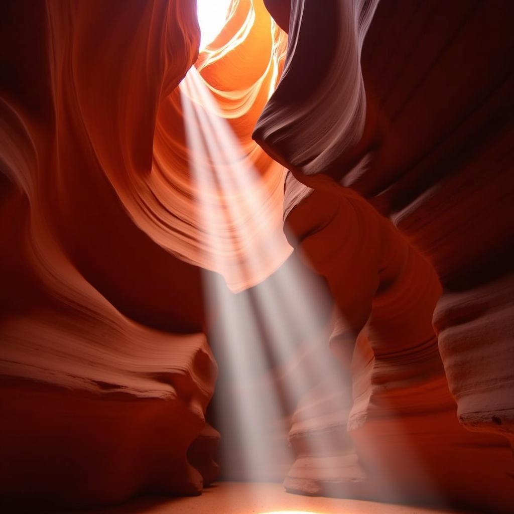 Antelope Canyon light beams filtering through narrow opening