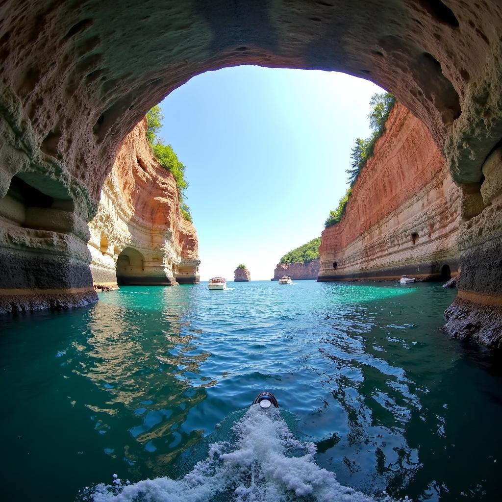 Scenic view of Apostle Islands sea caves from a boat tour