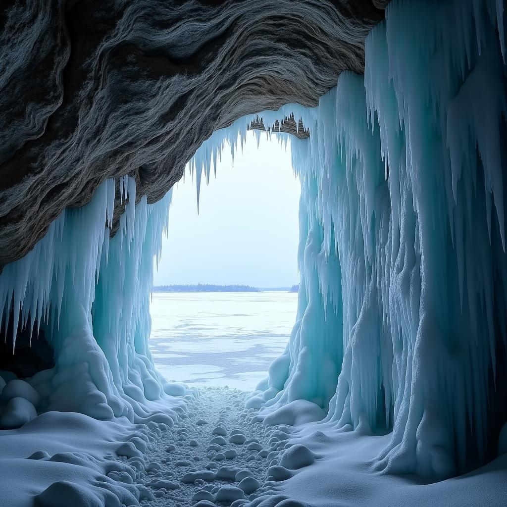 Winter ice formations inside an Apostle Islands sea cave