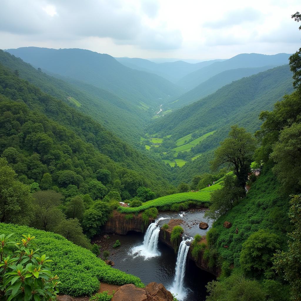 Araku Valley Scenic Landscape: Lush green valleys, waterfalls, and coffee plantations