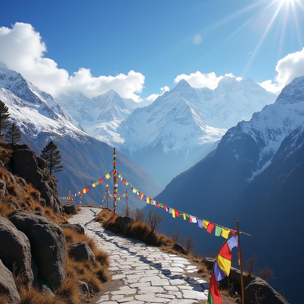 Colorful prayer flags fluttering in the wind at a Bhutanese mountain pass