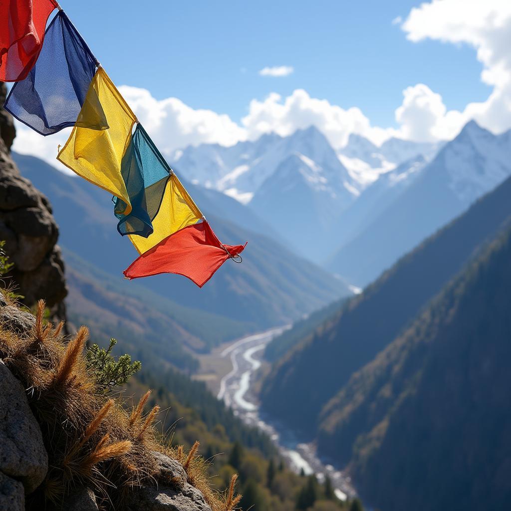 Colorful prayer flags against a Bhutanese mountain backdrop during an 11-day tour