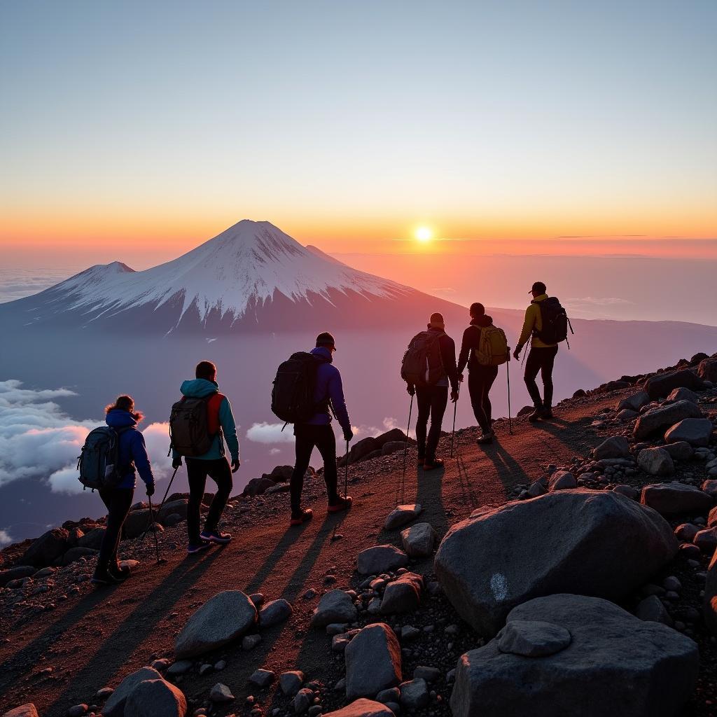 Hikers reaching the summit of Mount Fuji with Bianco Tours guides