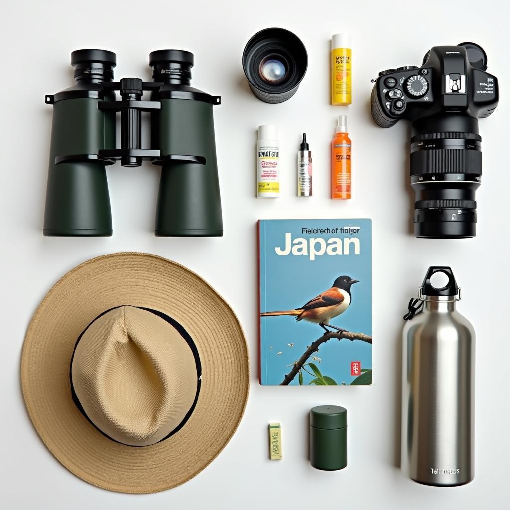 Essential gear for birdwatching in Japan including binoculars, field guide, and camera