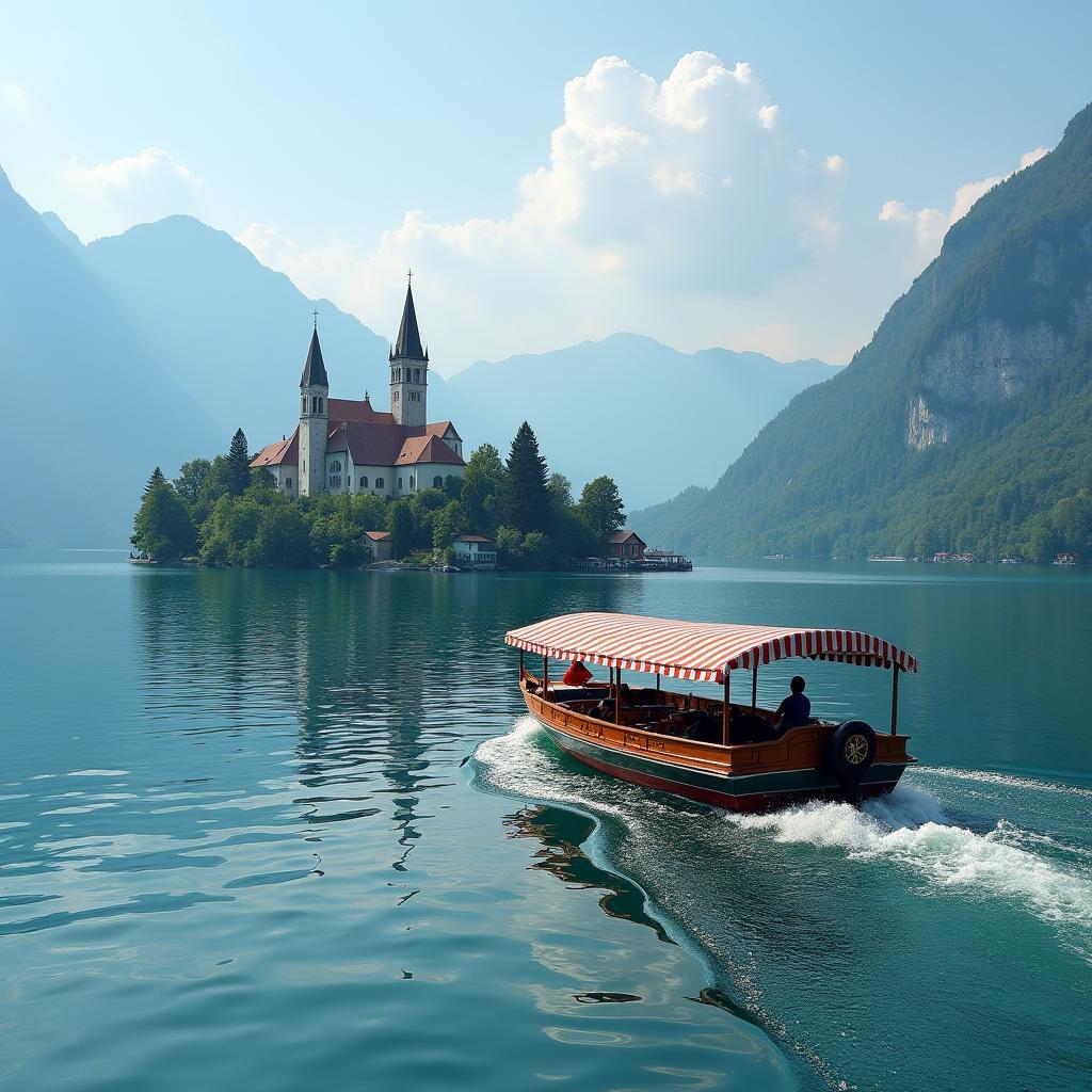 Traditional Pletna boat ride to Bled Island on Lake Bled, Slovenia