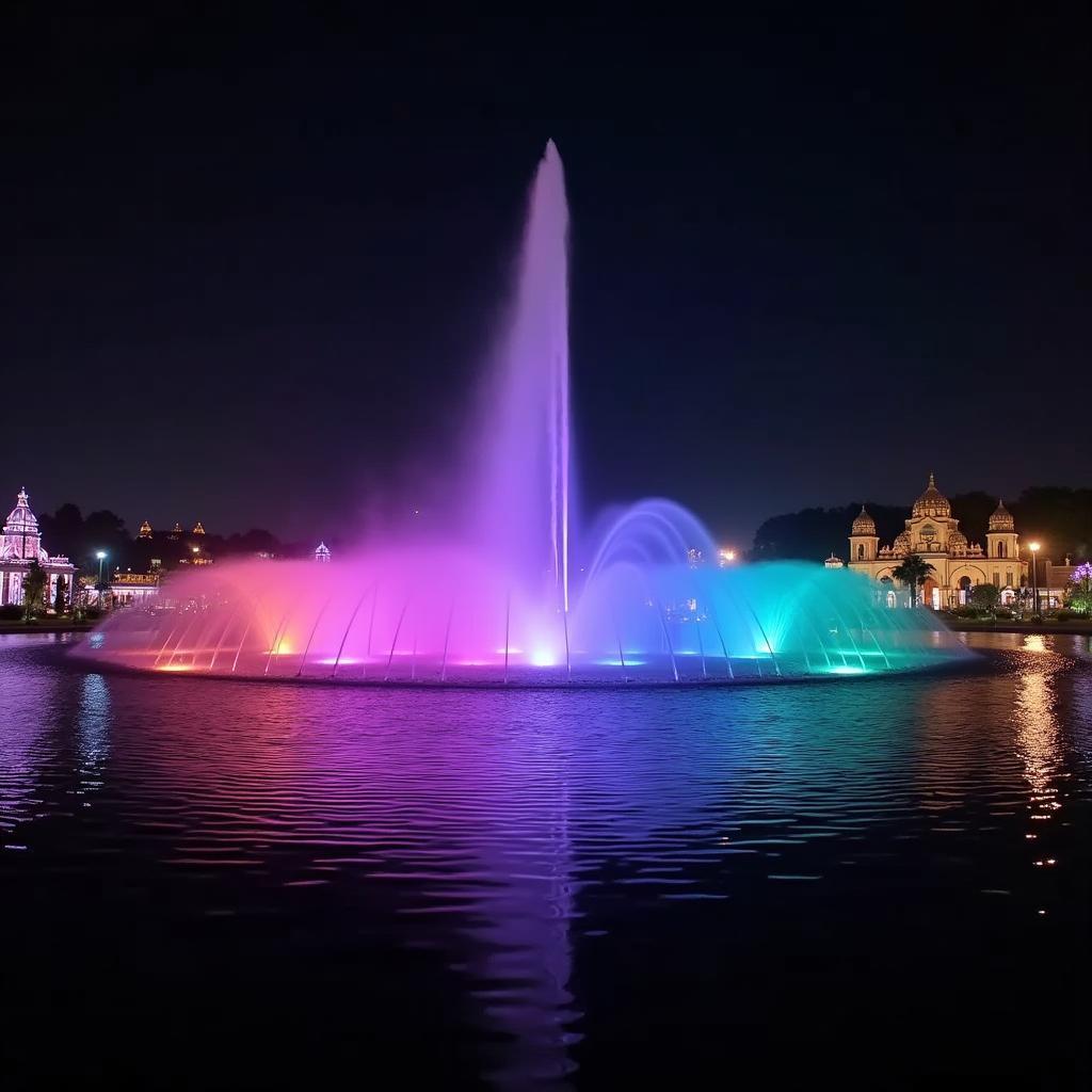 The vibrant Brindavan Gardens at night, illuminated with colorful lights and the musical fountain in full display.