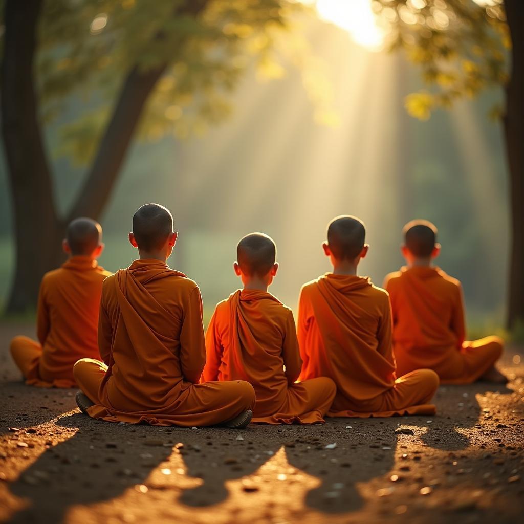 Buddhist monks meditating in a peaceful retreat, serenity and mindfulness practice