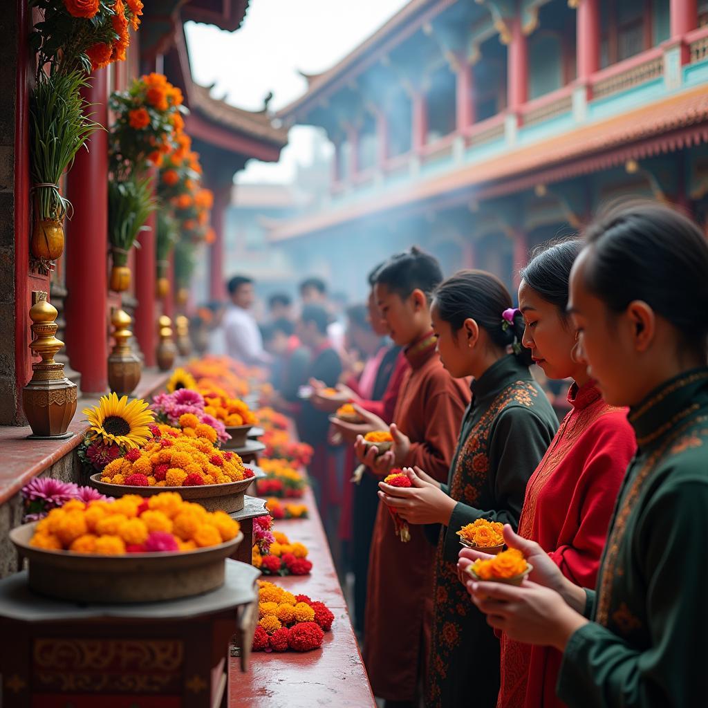 Devotees offering flowers at a Buddhist temple, spiritual practice and devotion