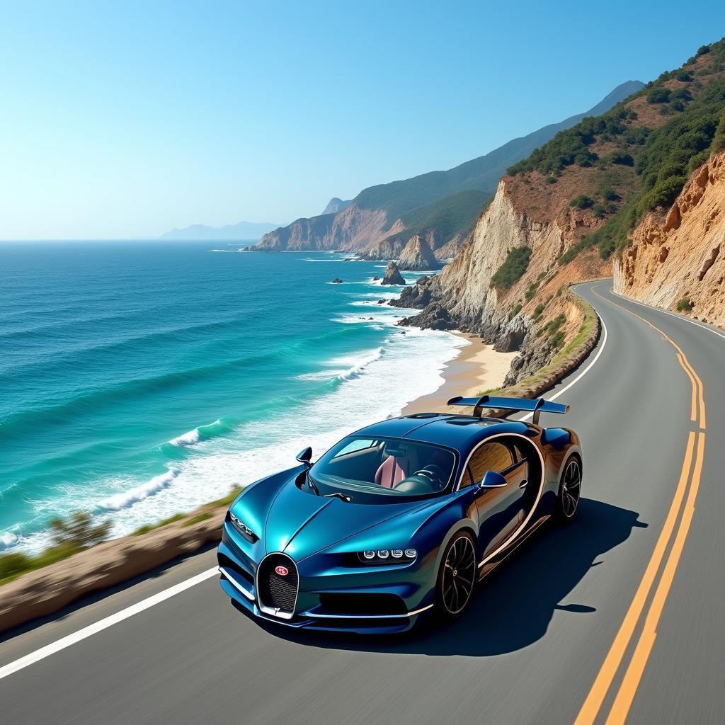 Bugatti Chiron driving on a scenic coastal road in Japan