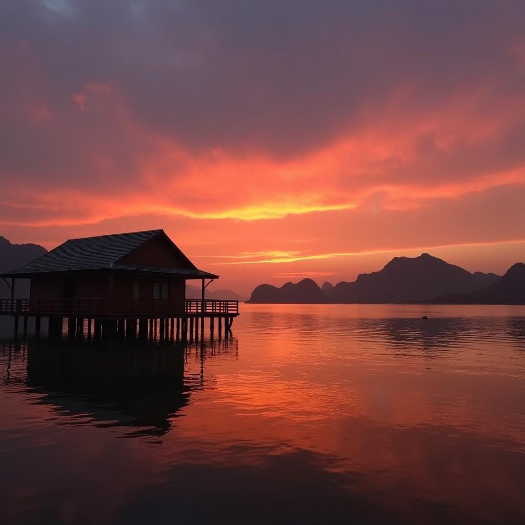 Cheow Lan Lake Floating Bungalow at Sunset