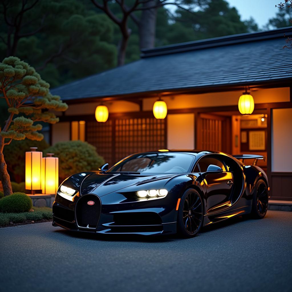 Bugatti Chiron parked outside a traditional Japanese Ryokan