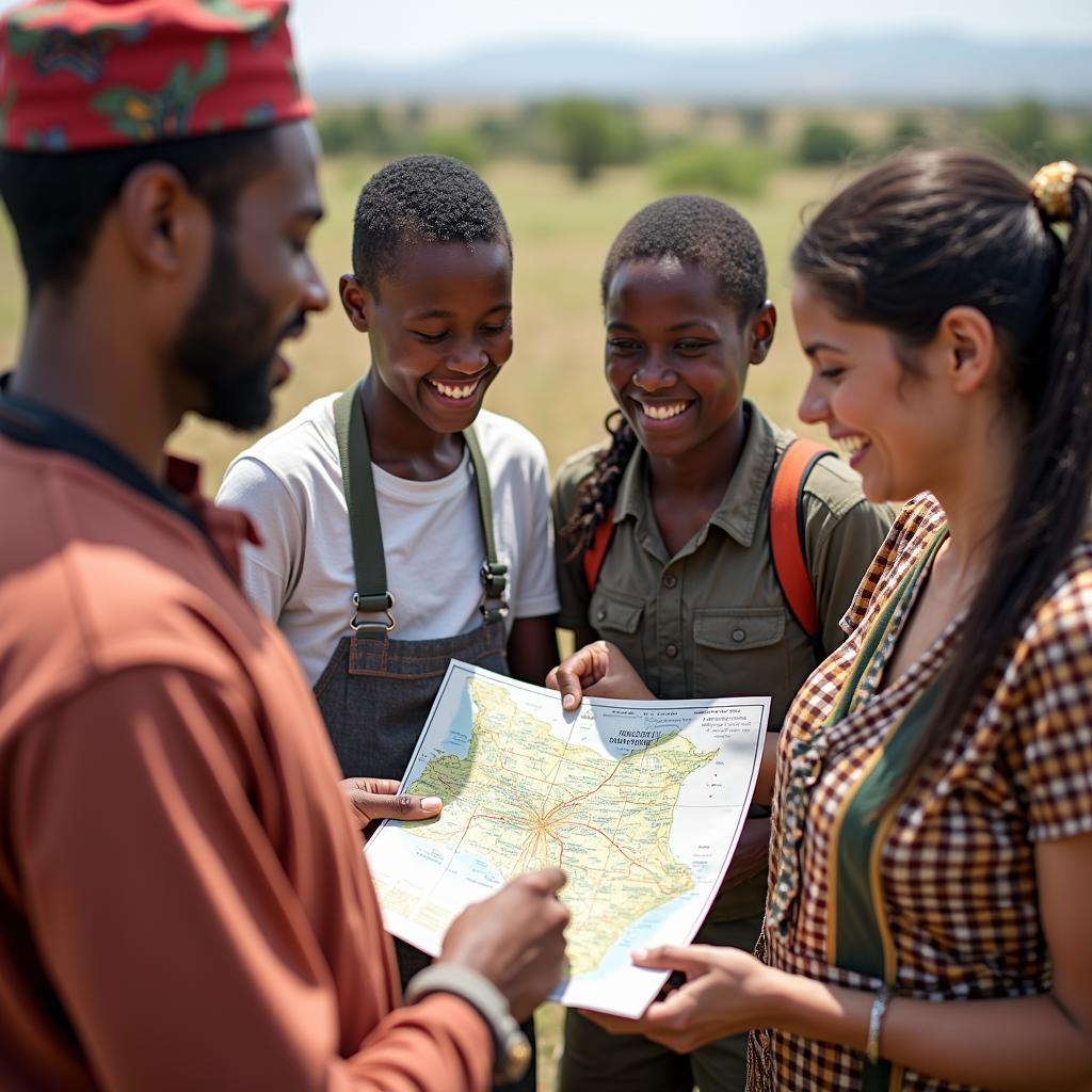 Customized Kenya Tour Commercial: A family discussing their tour itinerary with a local guide.