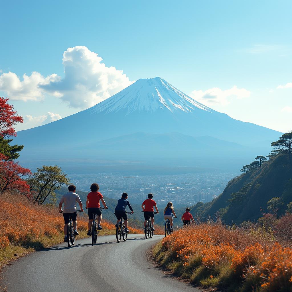 Family enjoying the stunning view of Mount Fuji while cycling