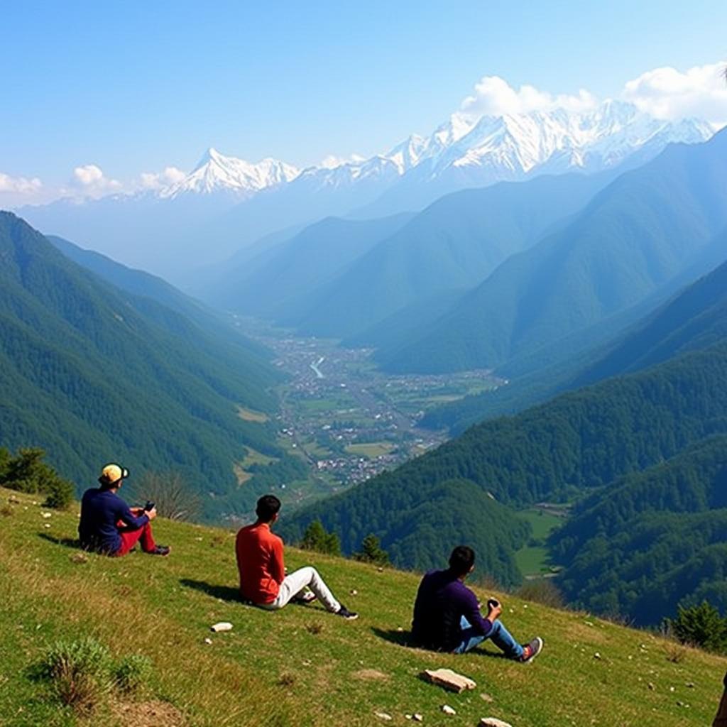 Scenic view of Dalhousie hill station from a viewpoint, showcasing the lush green valleys and snow-capped mountains in the distance, with tourists enjoying the panoramic vista.