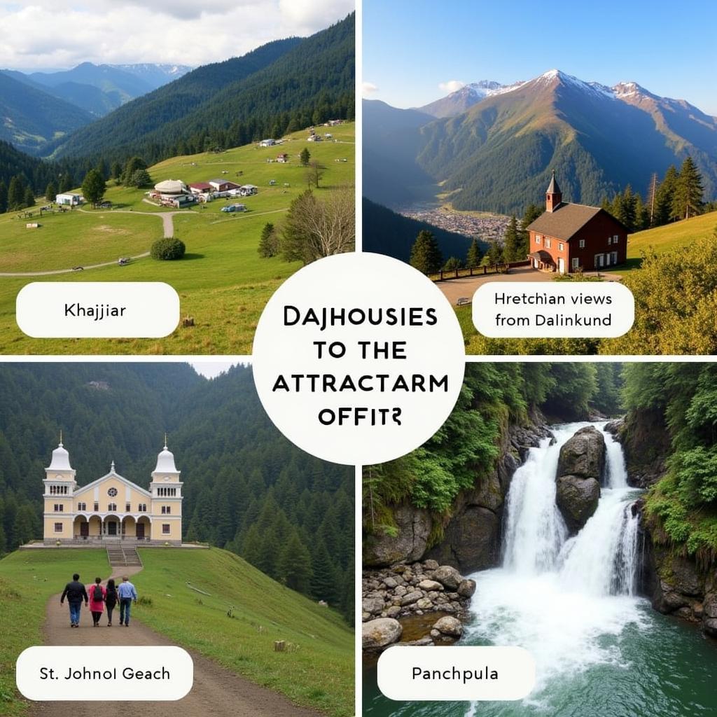  Collage of images showcasing various tourist attractions in Dalhousie, such as Khajjiar meadow, Dainkund Peak, St. John’s Church, and Panchpula waterfalls. 