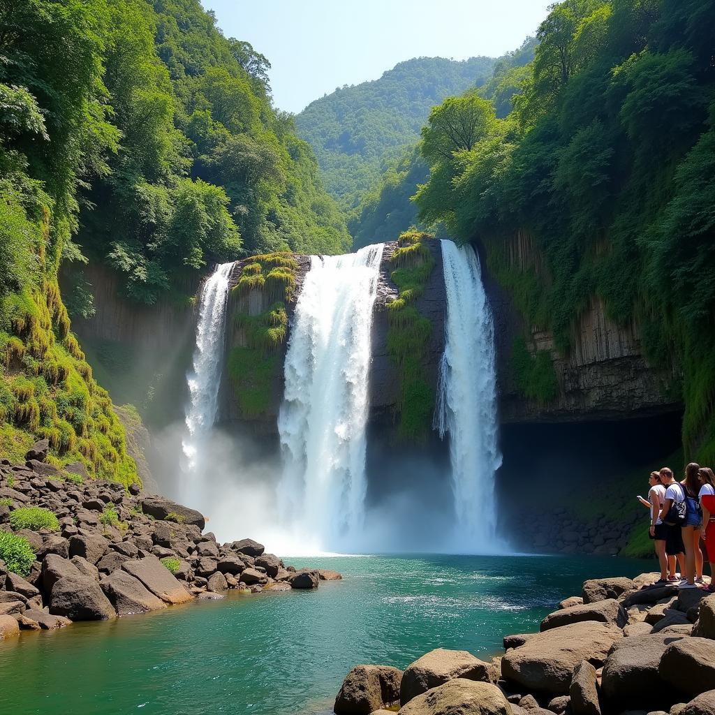 Scenic view of the Daringbadi Waterfall with lush green surroundings and tourists enjoying the breathtaking scenery