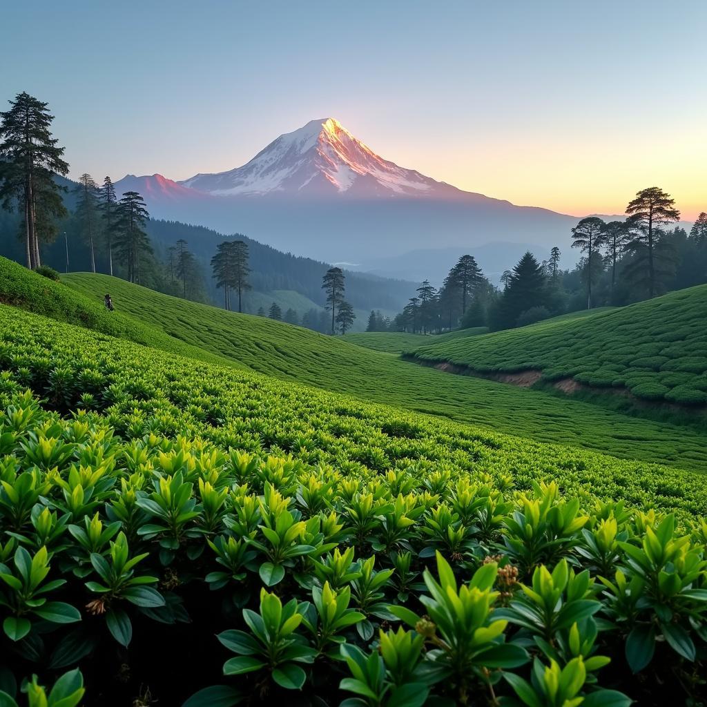 Darjeeling Tea Plantation with Sunrise over Kanchenjunga