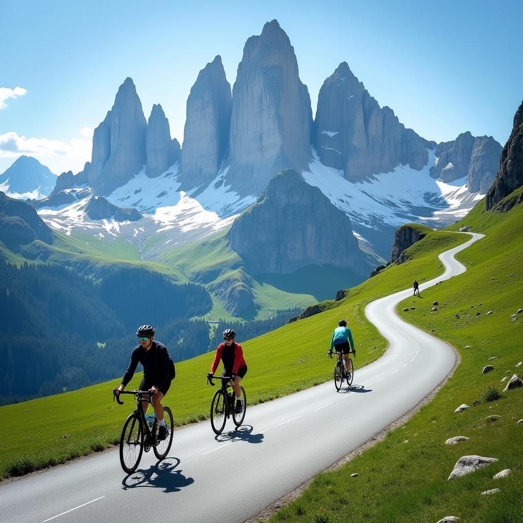 Conquering a mountain pass in the Dolomites by bike