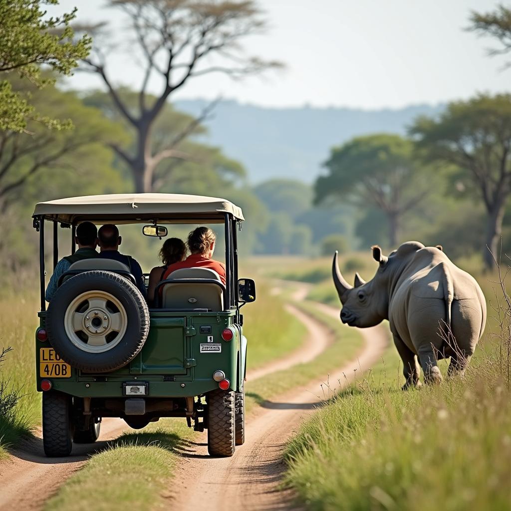 Tourists on a jeep safari in Dooars, observing a rhinoceros in its natural habitat.