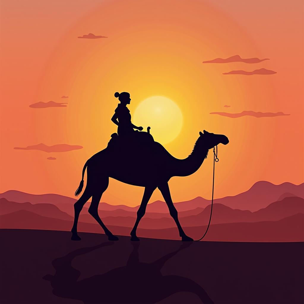 Tourist enjoying a camel ride at sunset during a Dubai desert safari