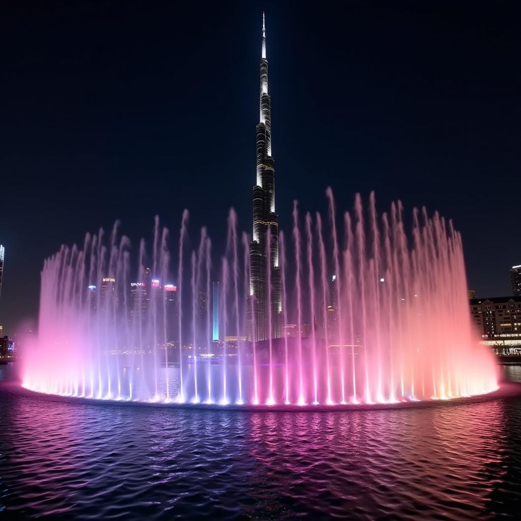 Dubai Fountain Show at Night with Burj Khalifa in the background