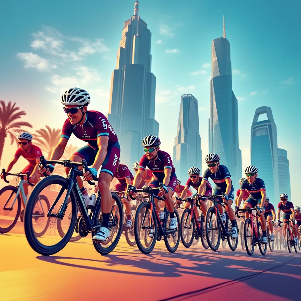 Cyclists racing at high speed in the Dubai Tour 2017.