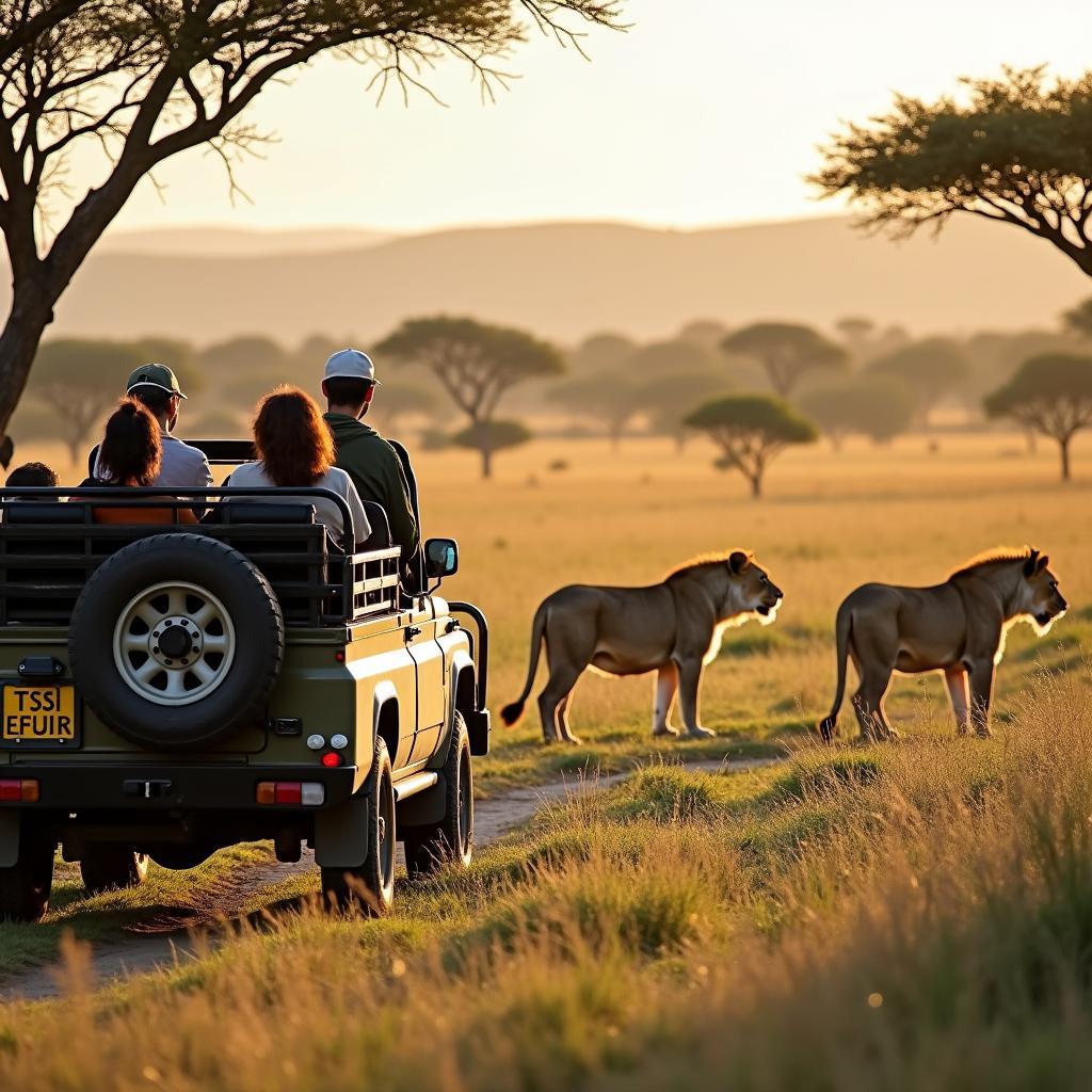 Tourists on a safari jeep observing lions in the Masai Mara, Kenya, during a group tour from Mumbai.