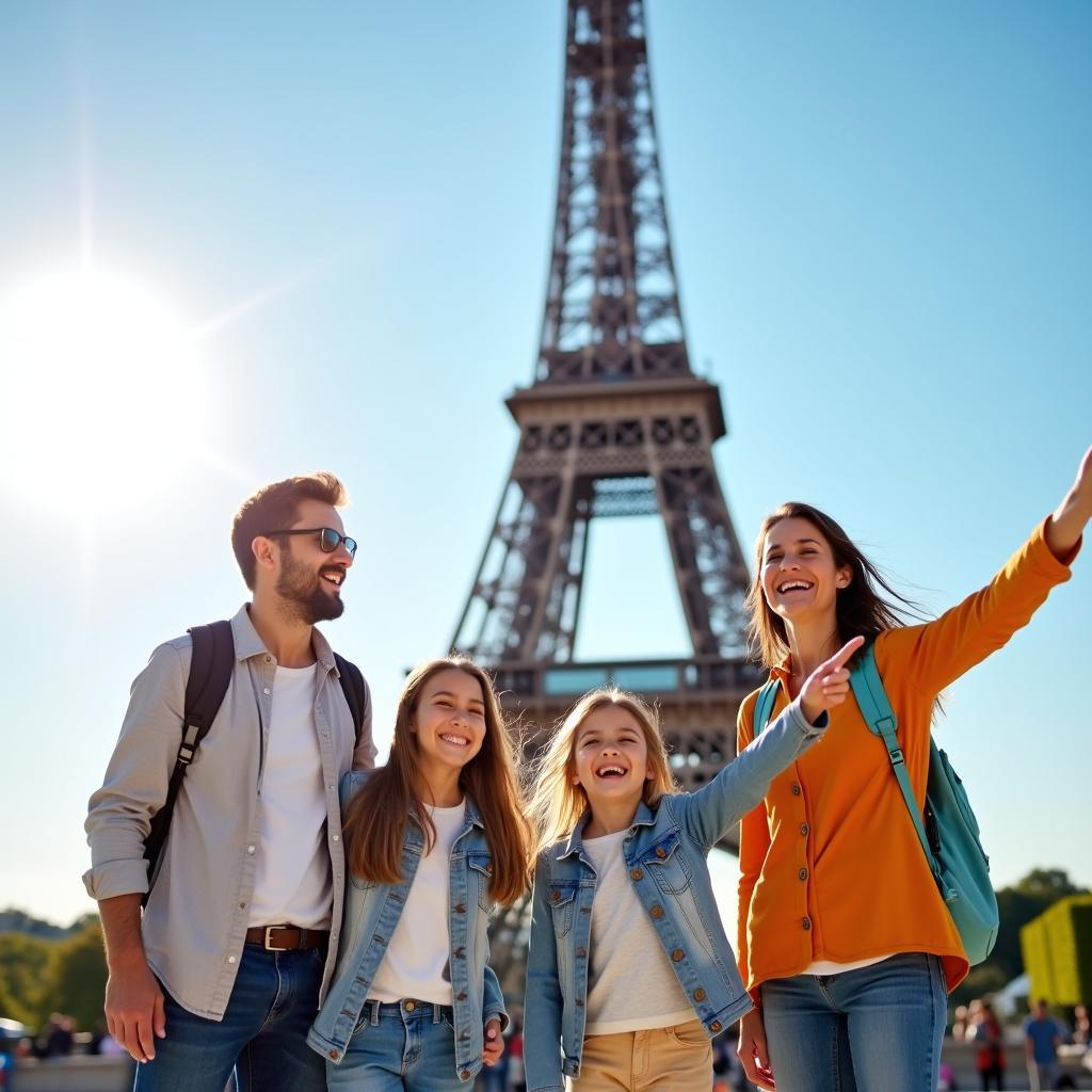 Family enjoying a Europe tour package with the Eiffel Tower in the background