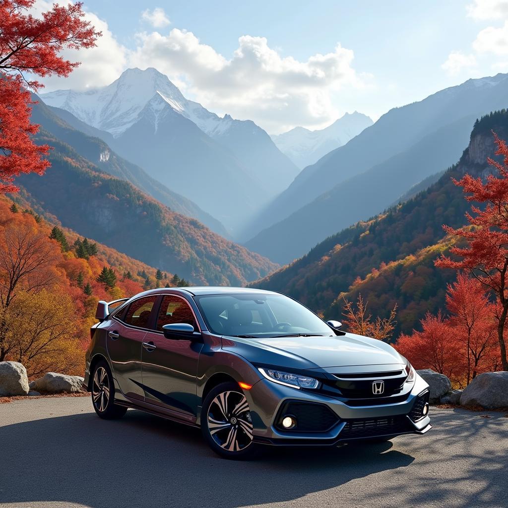 A 2017 Honda Civic Hatchback Sport Touring parked near a stunning vista overlooking the Japanese Alps, with vibrant fall foliage in the background.