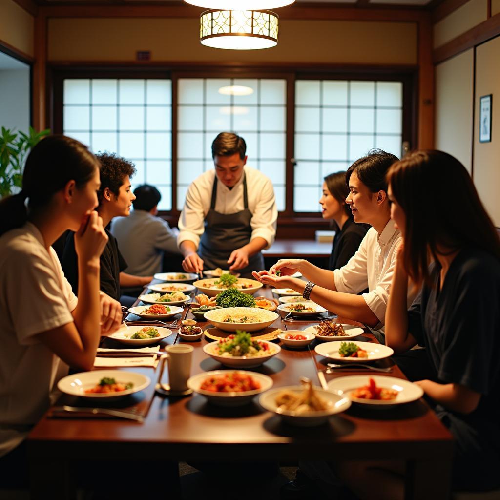 Tourists exploring Japanese cuisine with a tour operator