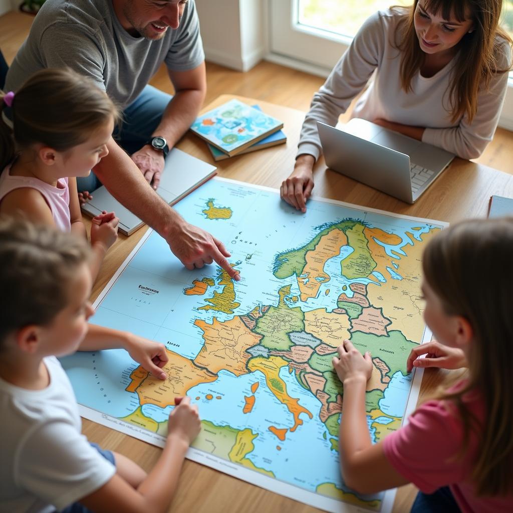 Family planning their Europe tour using a map