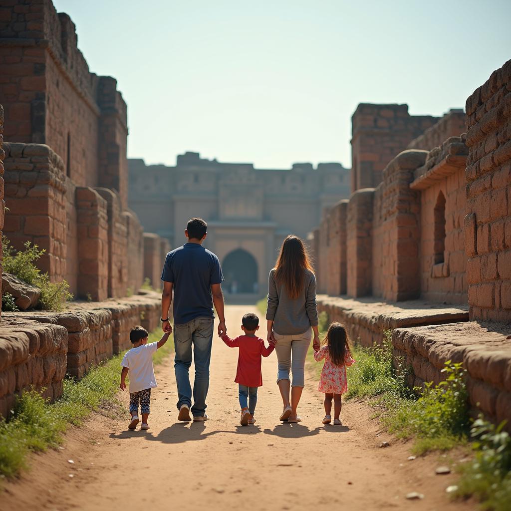 Family exploring an ancient fort in Maharashtra