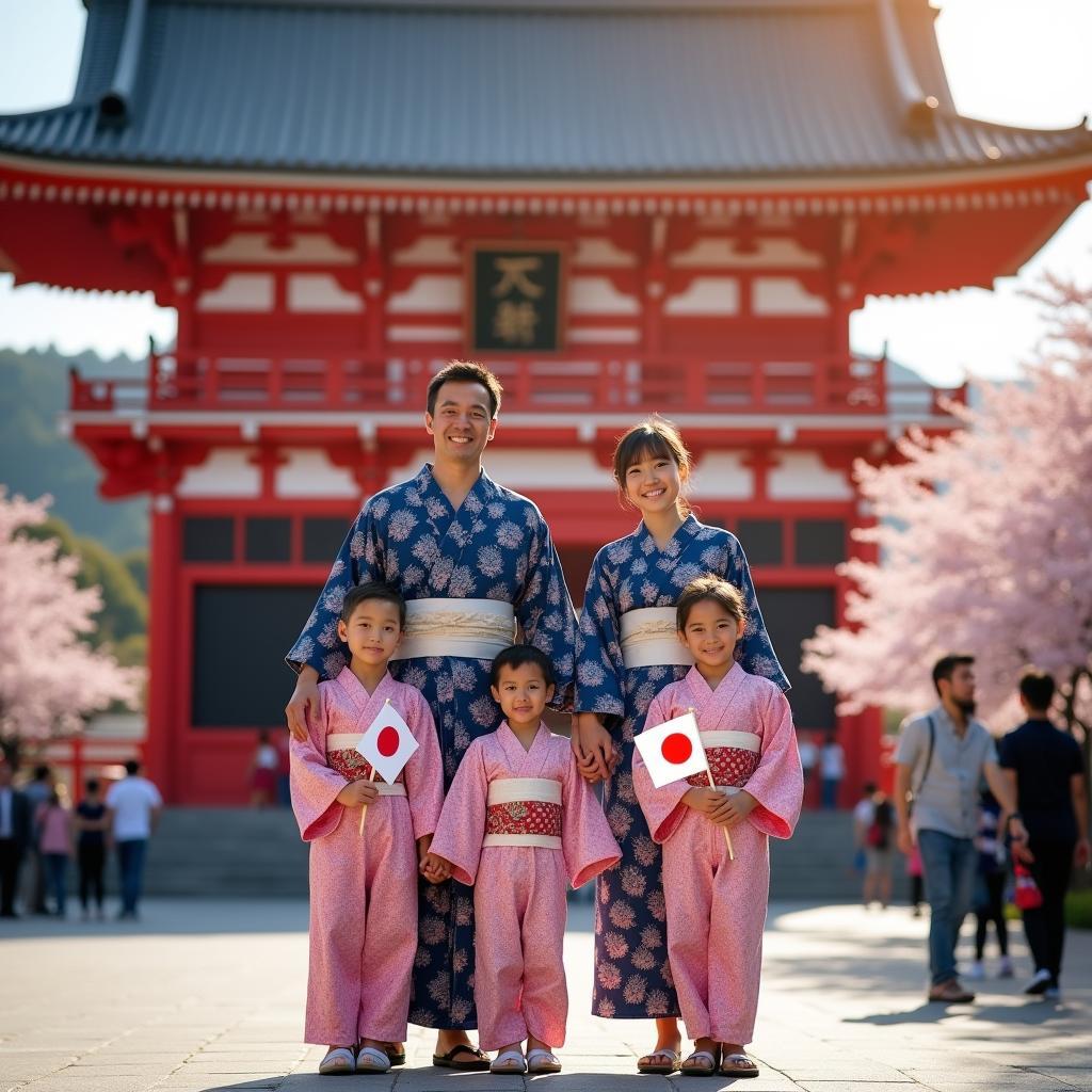 Family enjoying a Japan tour at a Kyoto Temple