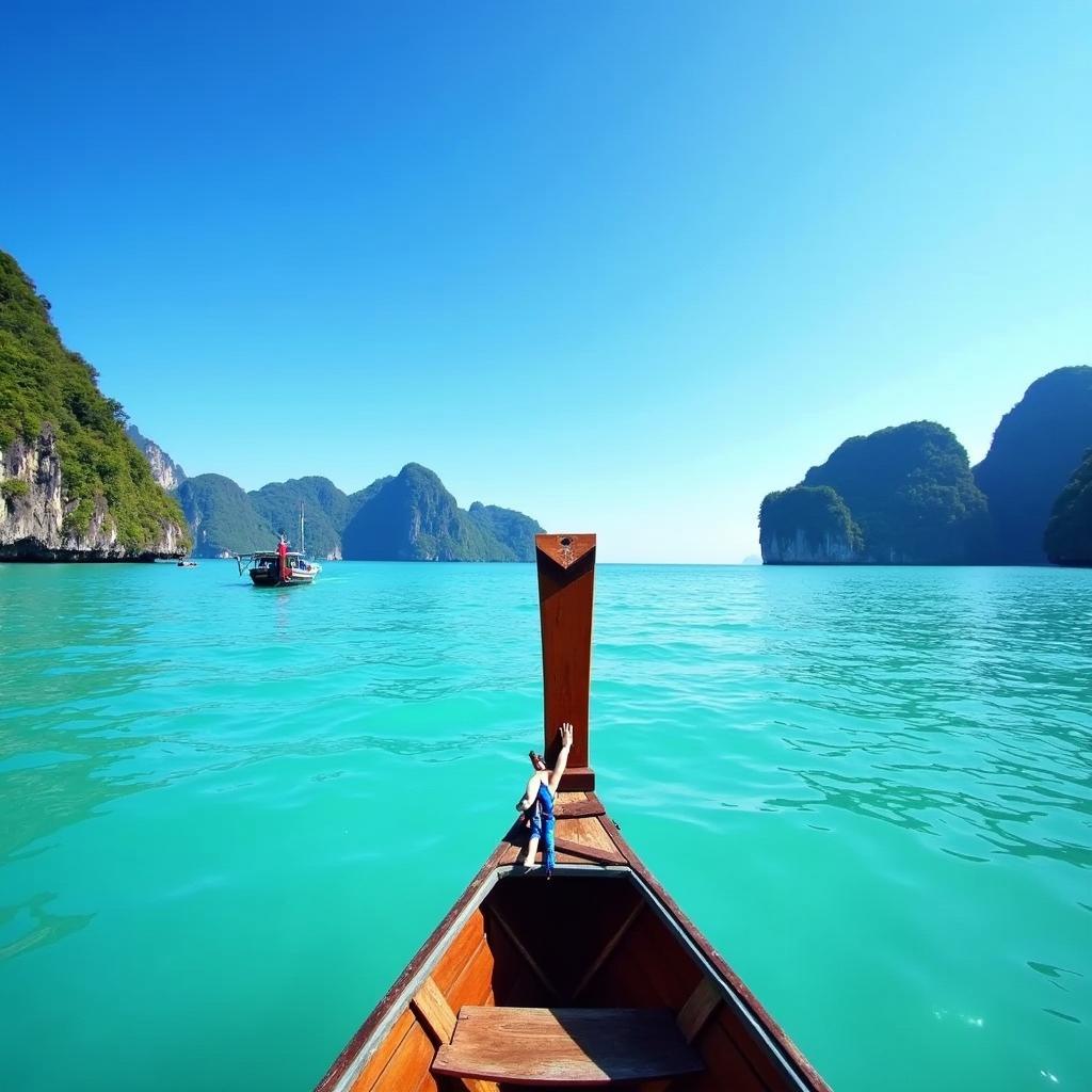 Panoramic view of a traditional long tail boat navigating the turquoise waters during a four island tour in Krabi, Thailand, showcasing the stunning backdrop of lush islands and clear blue sky.