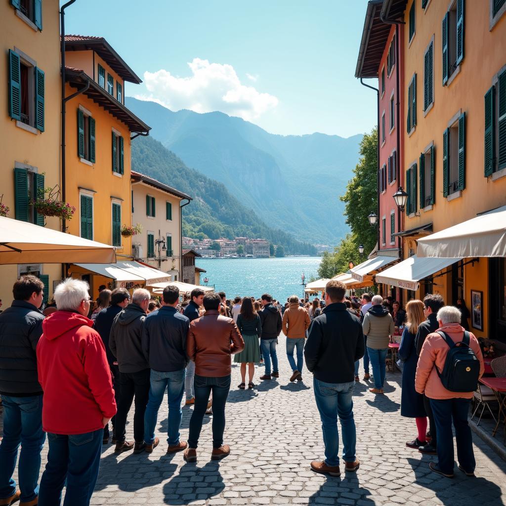 Group of tourists enjoying a free walking tour in Como town center