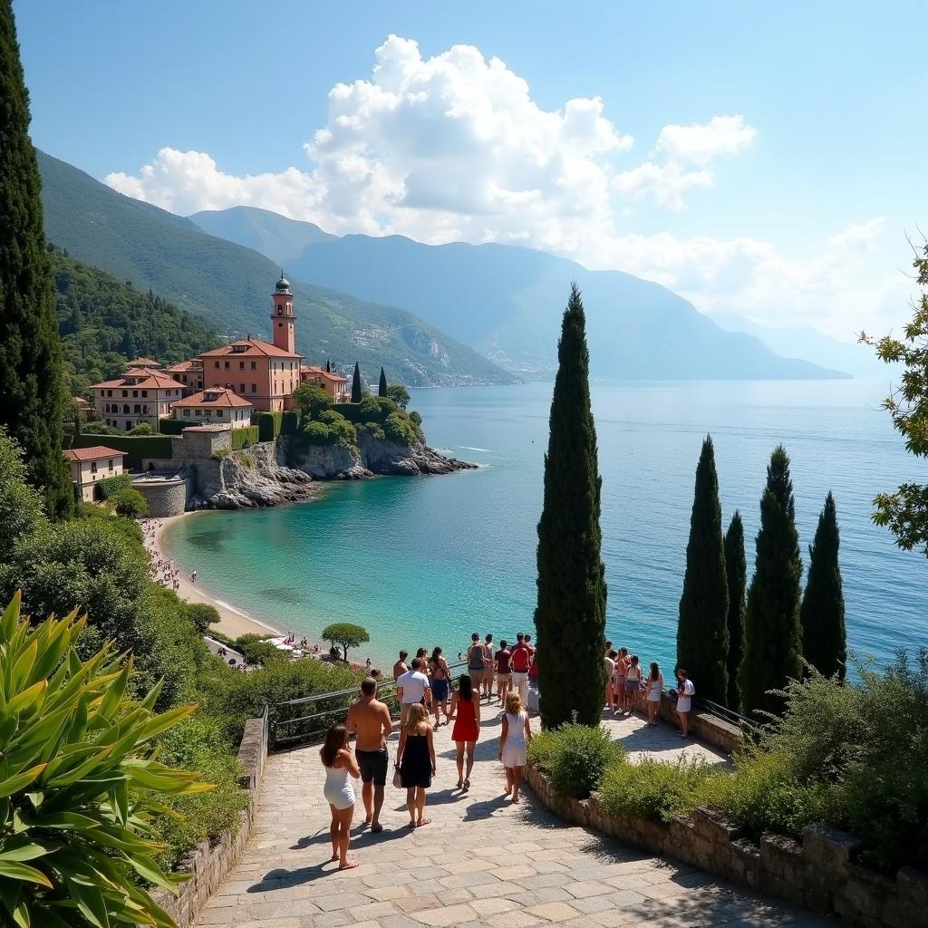 Tourists admiring Villa del Balbianello during a free walking tour of Lake Como