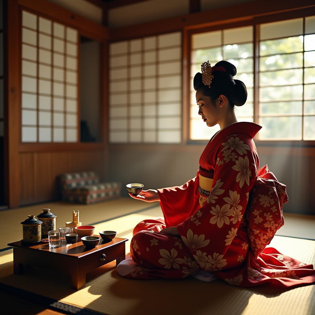 Geisha performing a traditional tea ceremony in a Kyoto teahouse.