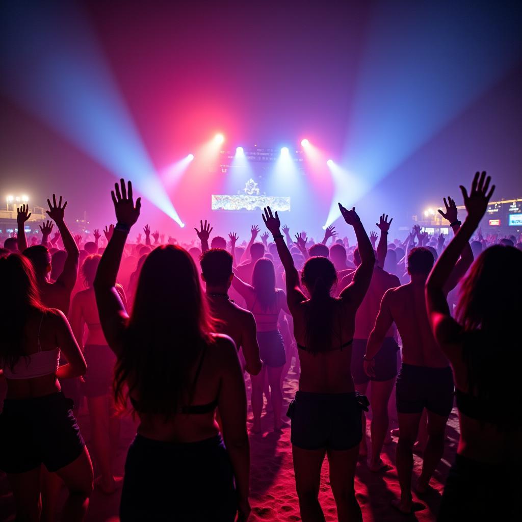 A lively beach party in Goa with music, dancing, and colorful lights.