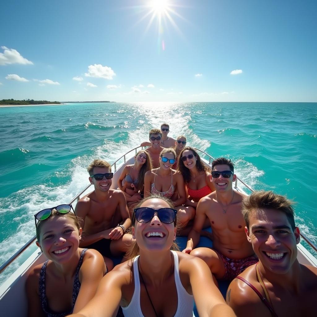 Tourists on a boat heading out to the Great Barrier Reef for a day trip.