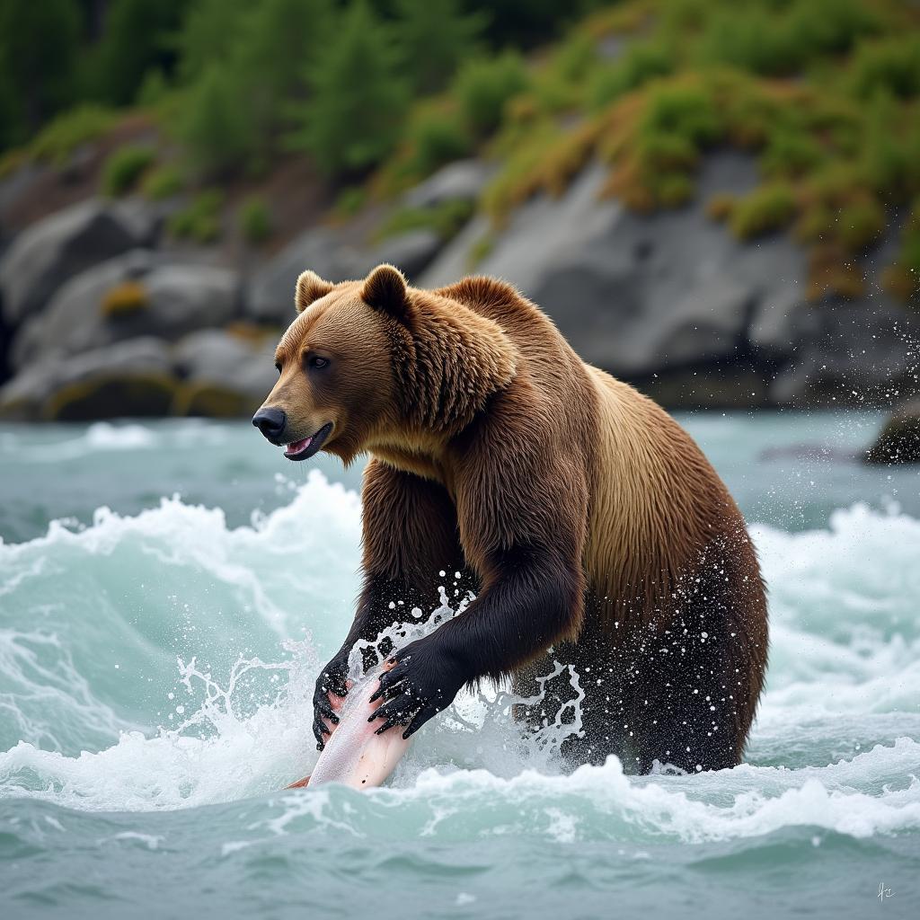 Grizzly Bear Fishing Salmon in Alaskan River