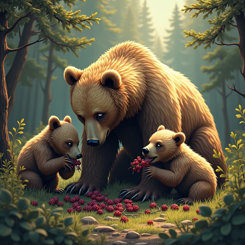 Grizzly Bear Mother with Cubs Feeding in the Forest