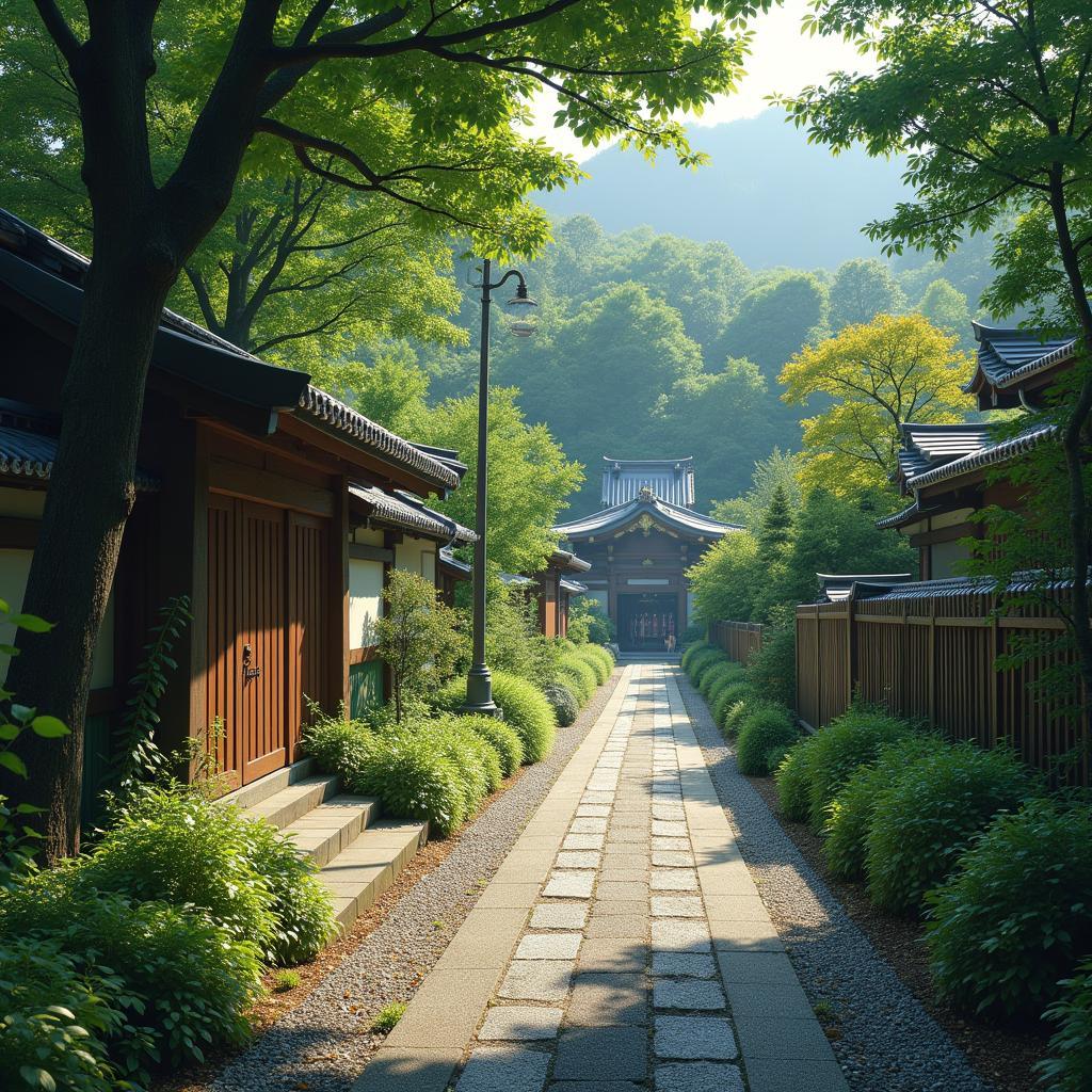 A picturesque scene of a less-traveled path in Japan, perhaps a quiet village or a secluded shrine.  The image evokes a sense of discovery and tranquility, hinting at the unique experiences that await beyond the typical tourist destinations.