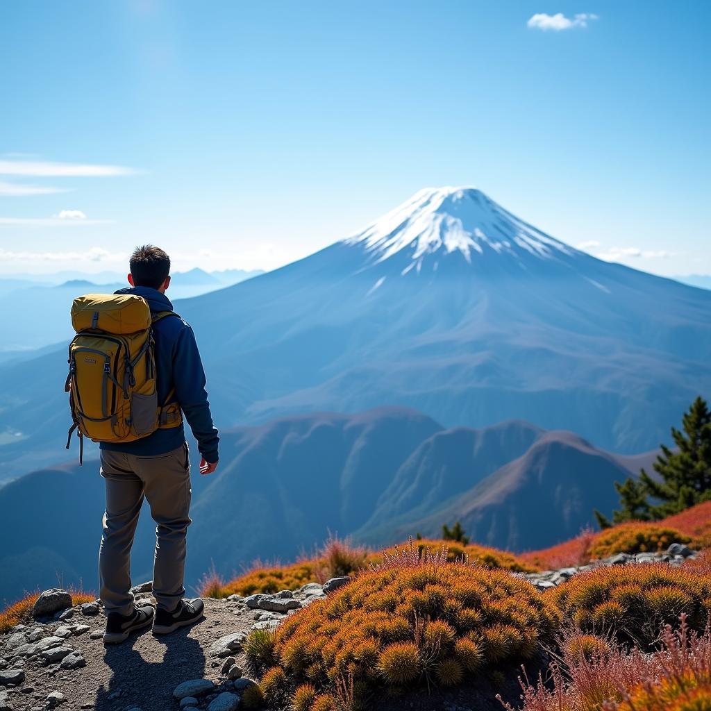 Hiking in the Japanese Alps with a stunning view of Mount Fuji