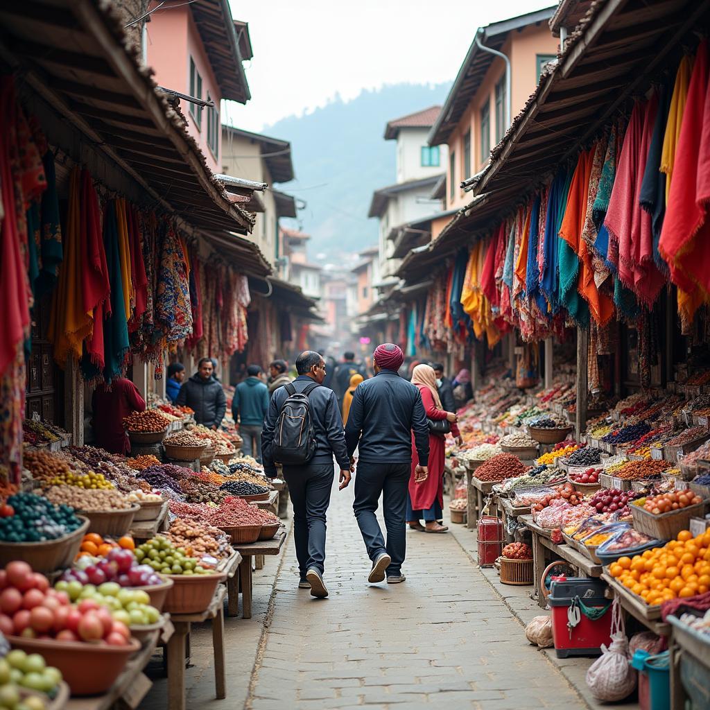 A bustling local market in Himachal Pradesh showcasing local crafts and produce.